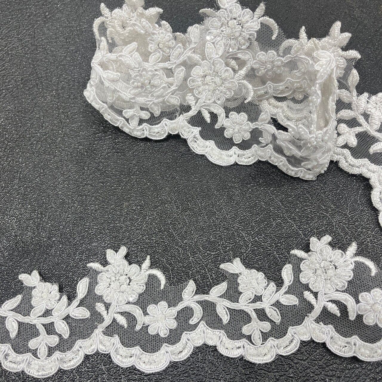 1 Yard Beaded & Corded Embroidered Lace Trim 2.75" Wide 100% Polyester for Bridal & Evening Dresses